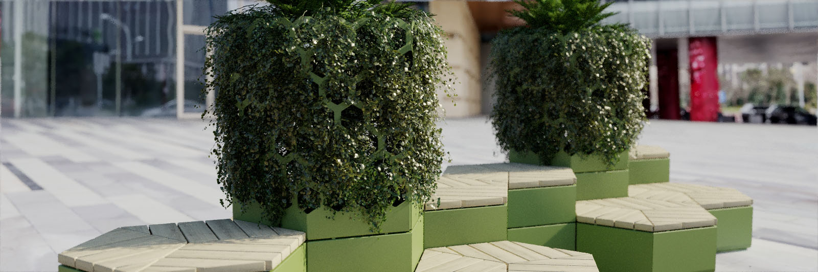 Rendered image of casual seating arrangement with a trellis attached to it, it has climbing plants growing within.